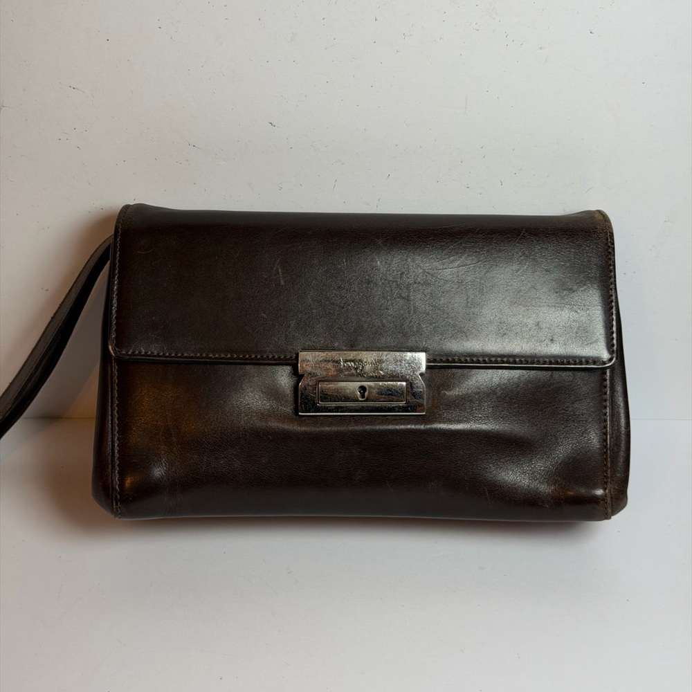 Vintage Salvatore Ferragamo Brown Leather Clutch Purse